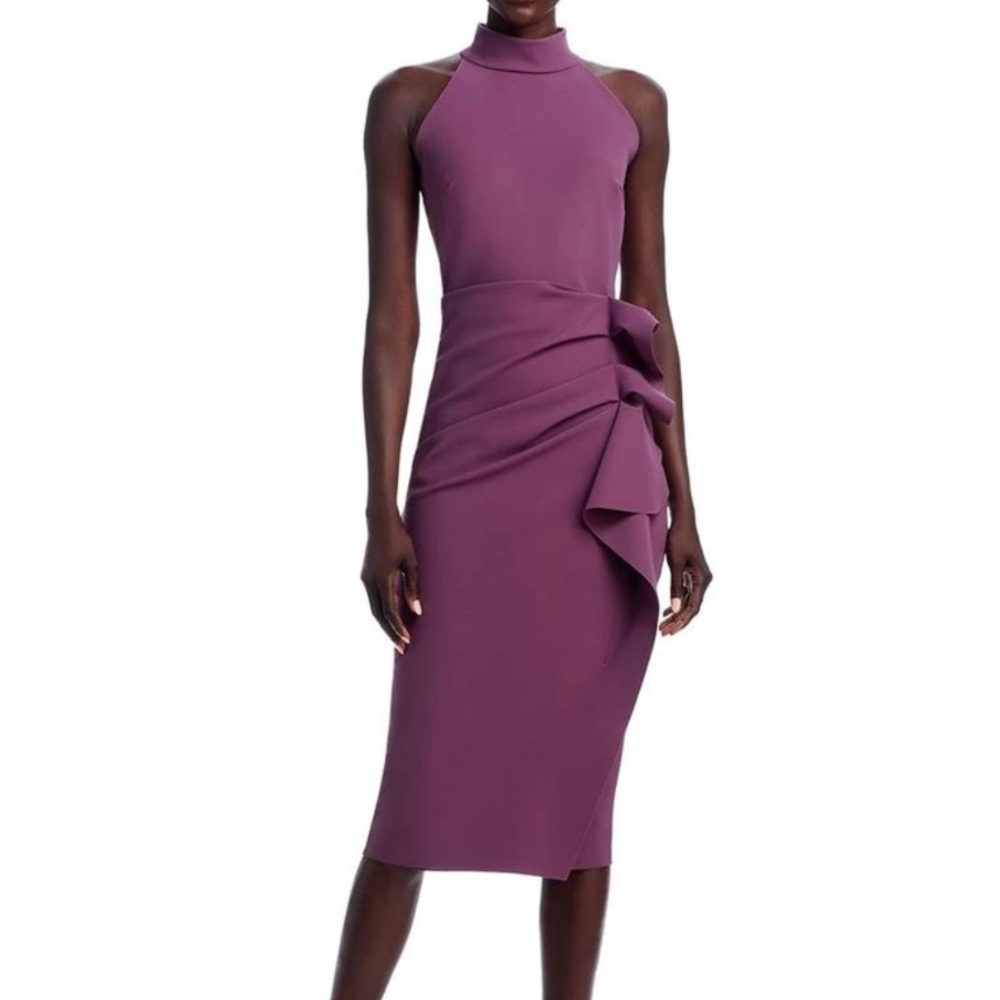 New Chiara Boni La Petite Robe Gudrum Ruffled Sheath Dress in Plum Size 4